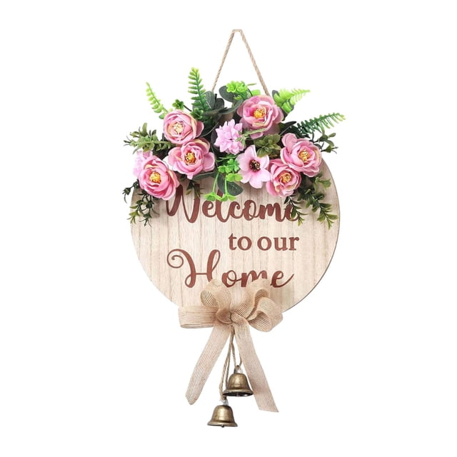 Señal de bienvenida de corona de primavera, guirnalda de puerta colgante, corona de flores redonda, corona de bienvenida colgante rústica, para puerta