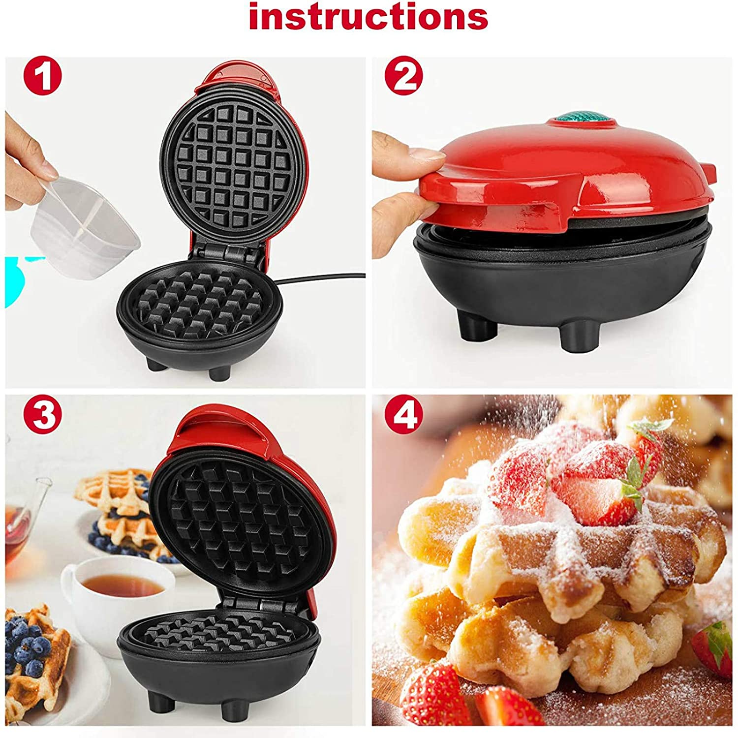 Waffle Maker Machine for Individuals, Paninis, Hash Browns,  Other On the  Go Breakfast, Lunch, or Snacks, with Easy to Clean, Non-Stick Sides,  Inch, Red