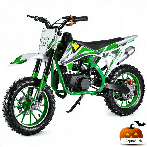 AquaAurix 49cc 2-Stroke Pro-Level Kids Dirt Bike | Gas Power Motocross, Off Road Mini Motorcycle, Pocket Motorbike with Front Rear Disc Brakes (Green)