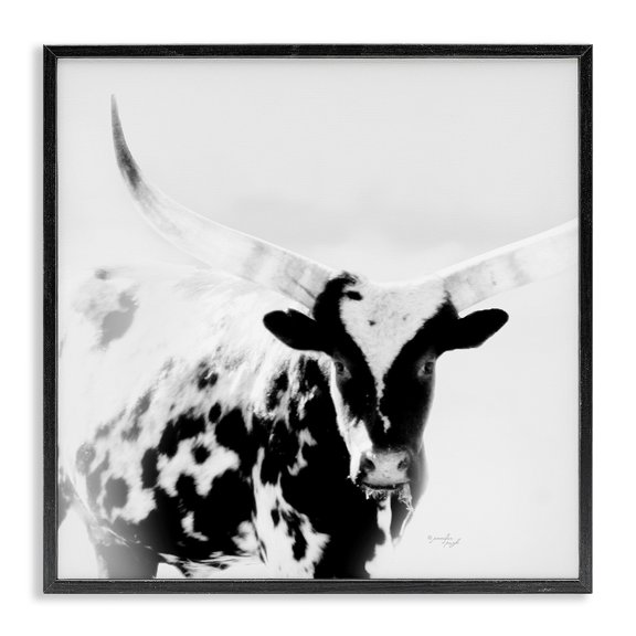 Stupell Industries Farmhouse Spotted Longhorn Cattle Meeting Gaze Animal Portrait Black Framed Giclee Art, 12 x 12, by Jennifer Pugh