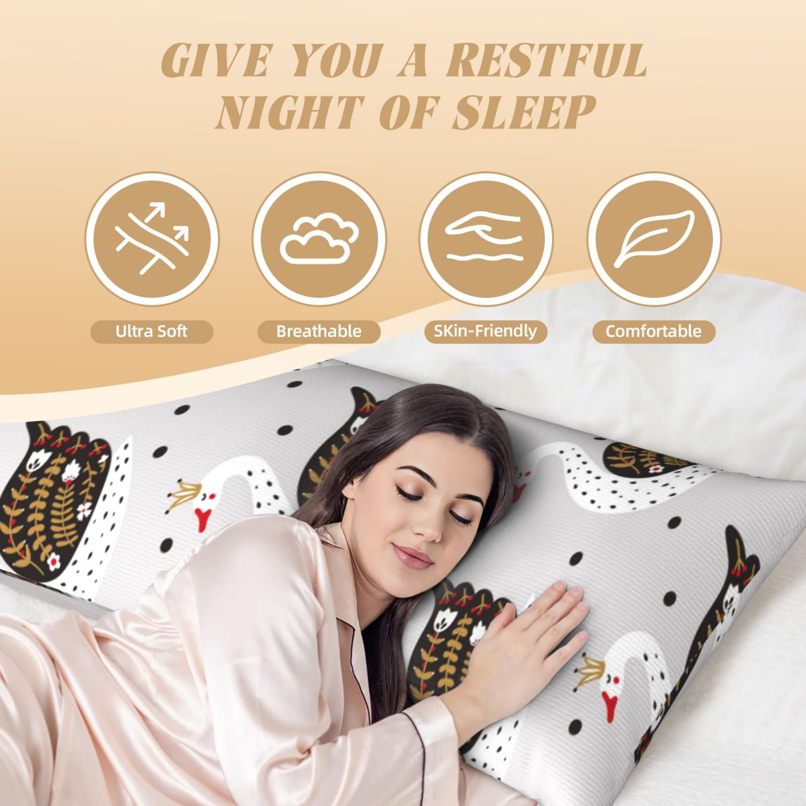 Naloa Cute Swan Super Soft 20x60 Body Pillow Case,Long Side Hidden Zipper（PILLOWS ARE NOT INCLUDED）