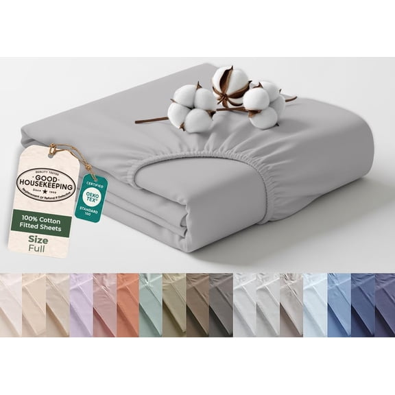 Royale Linens 100% Organic Cotton Full Fitted Sheet Only - Percale Weave - Super Soft Deep Pocket Bottom Sheets - Silver Elastic Sheet - Full Size Fitted Sheets Only - (54"x75"+15", Silver)