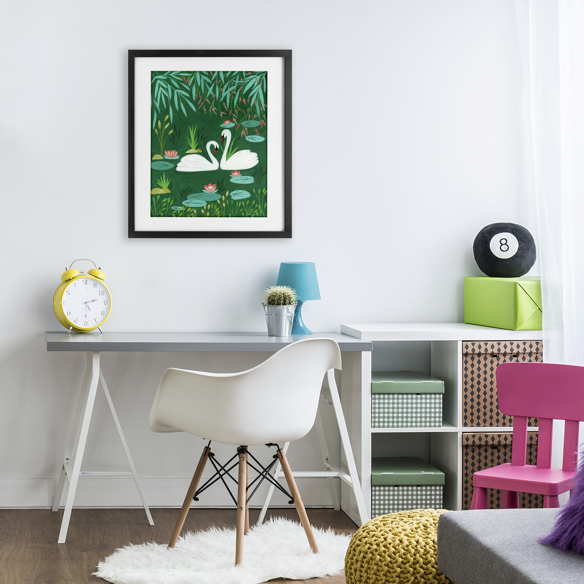 Swan Pair on Green Pond Black Framed Print Under Glass, design by Nabeela Rumi