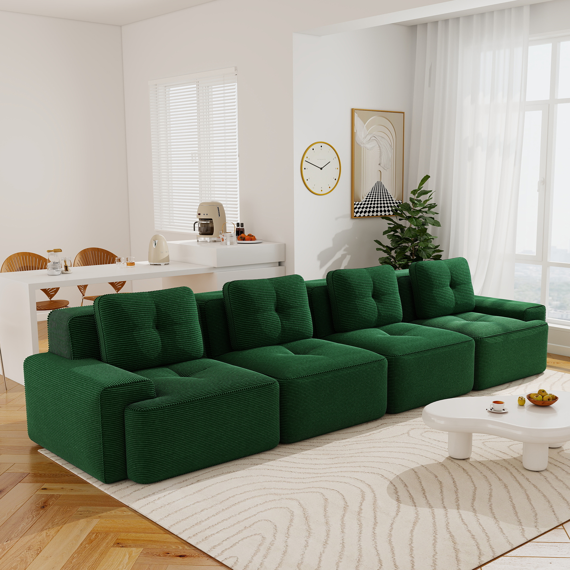 Aukfa 4-Piece Tufted Modular Corduroy Sectional Sofa for Living Room, 128.5" Width 4-Seat, Green
