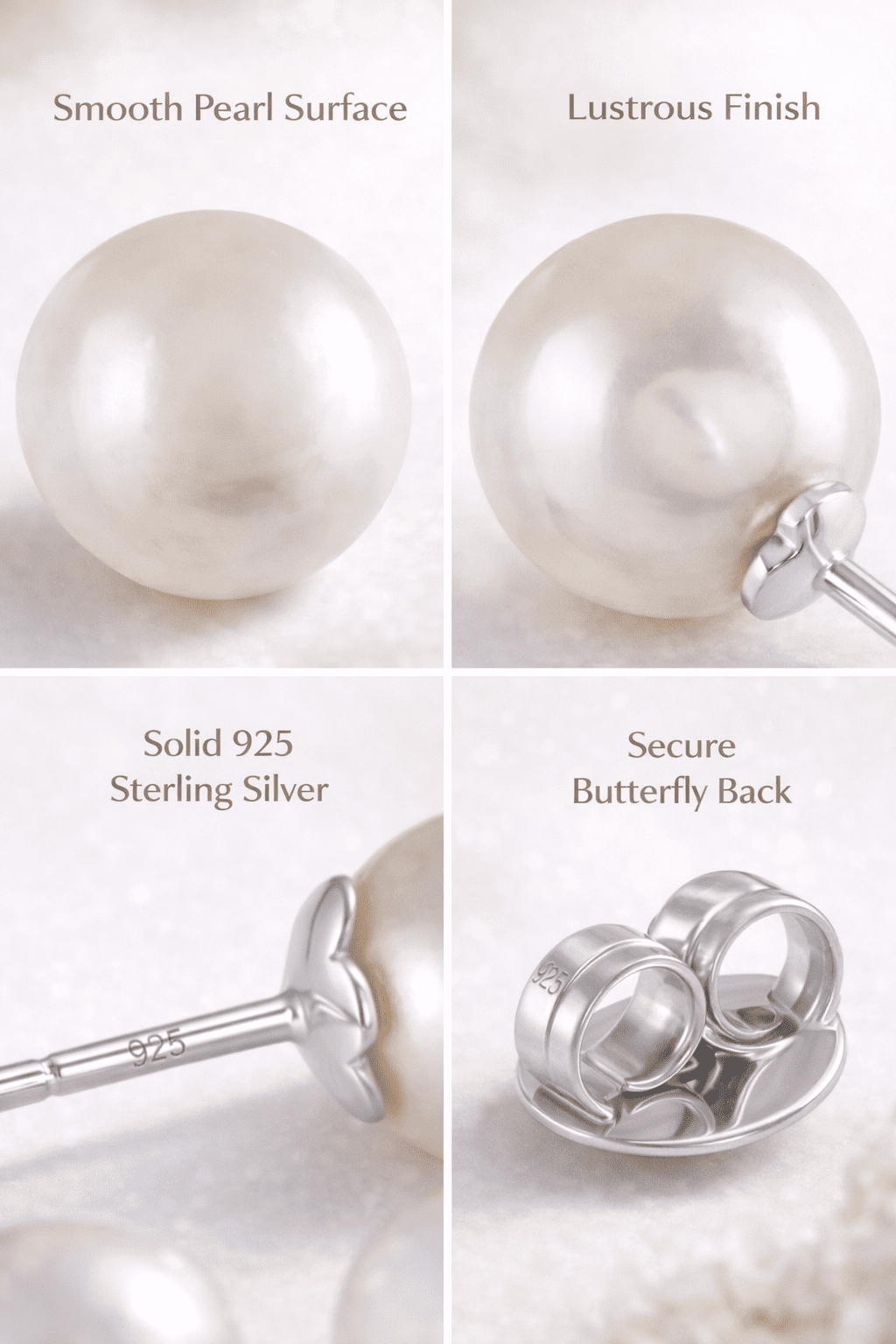 Femme Jam 925 Sterling Silver Freshwater Pearl Stud Earrings, Classic Round Pearl Earrings for Women, Hypoallergenic Push Back, 10mm