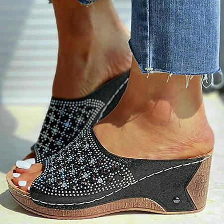 

Aayomet Sandals for Women Casual Summer Ladies Fashion Summer Rhinestone Cutout Platform Wedge Open Toe Sandals Black 8.5