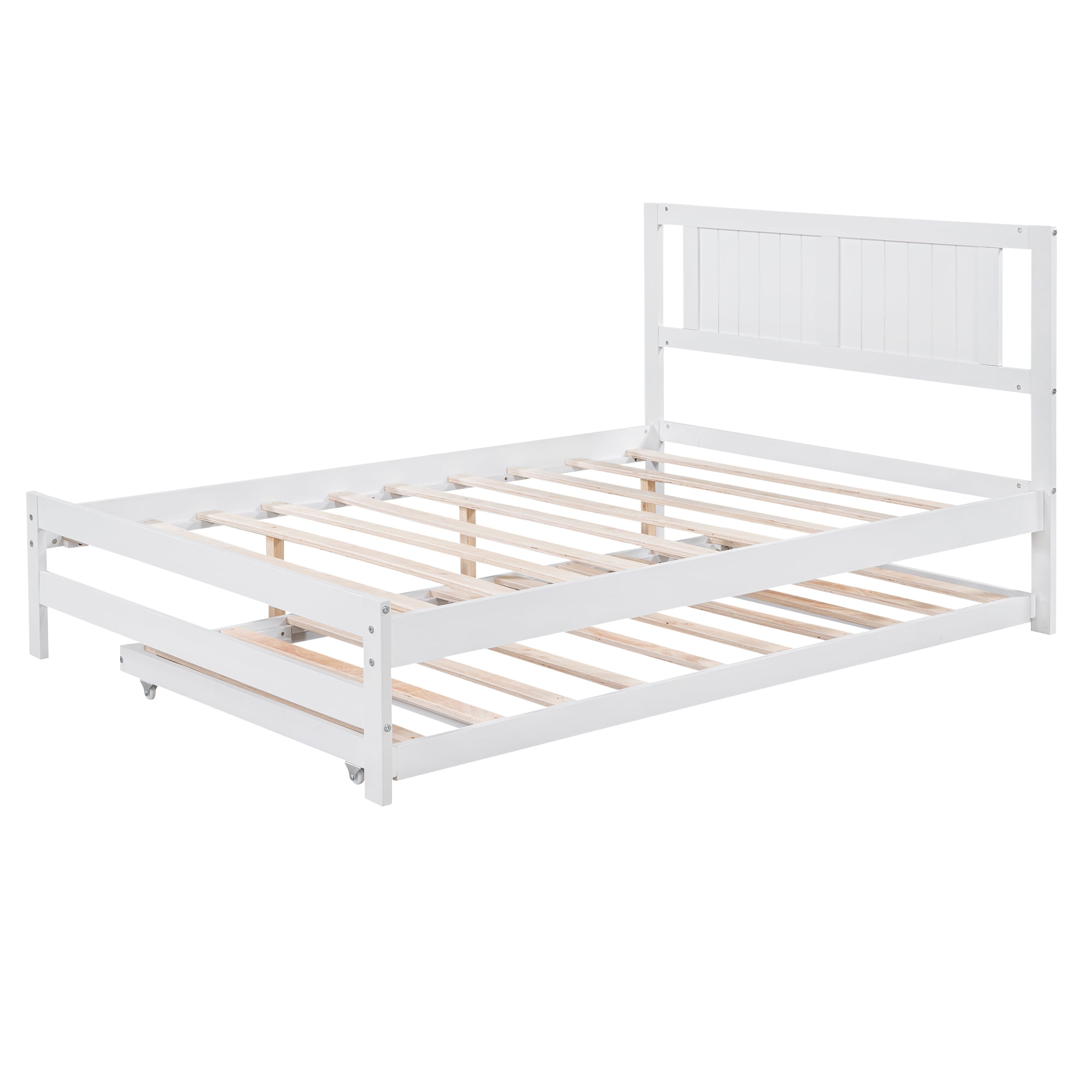 Euroco Pine Wood Full Bed with Twin Trundle, Convertible Beds, White