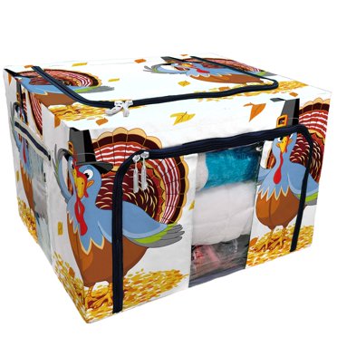 PKQWTM Thanksgiving Turkey with Pilgrim Hat Maple Leaves Storage Bag Clear Window Storage Bins Boxes Large Capacity Foldable Stackable Organizer With Steel Metal Frame For Clothes,Closets, Bedrooms