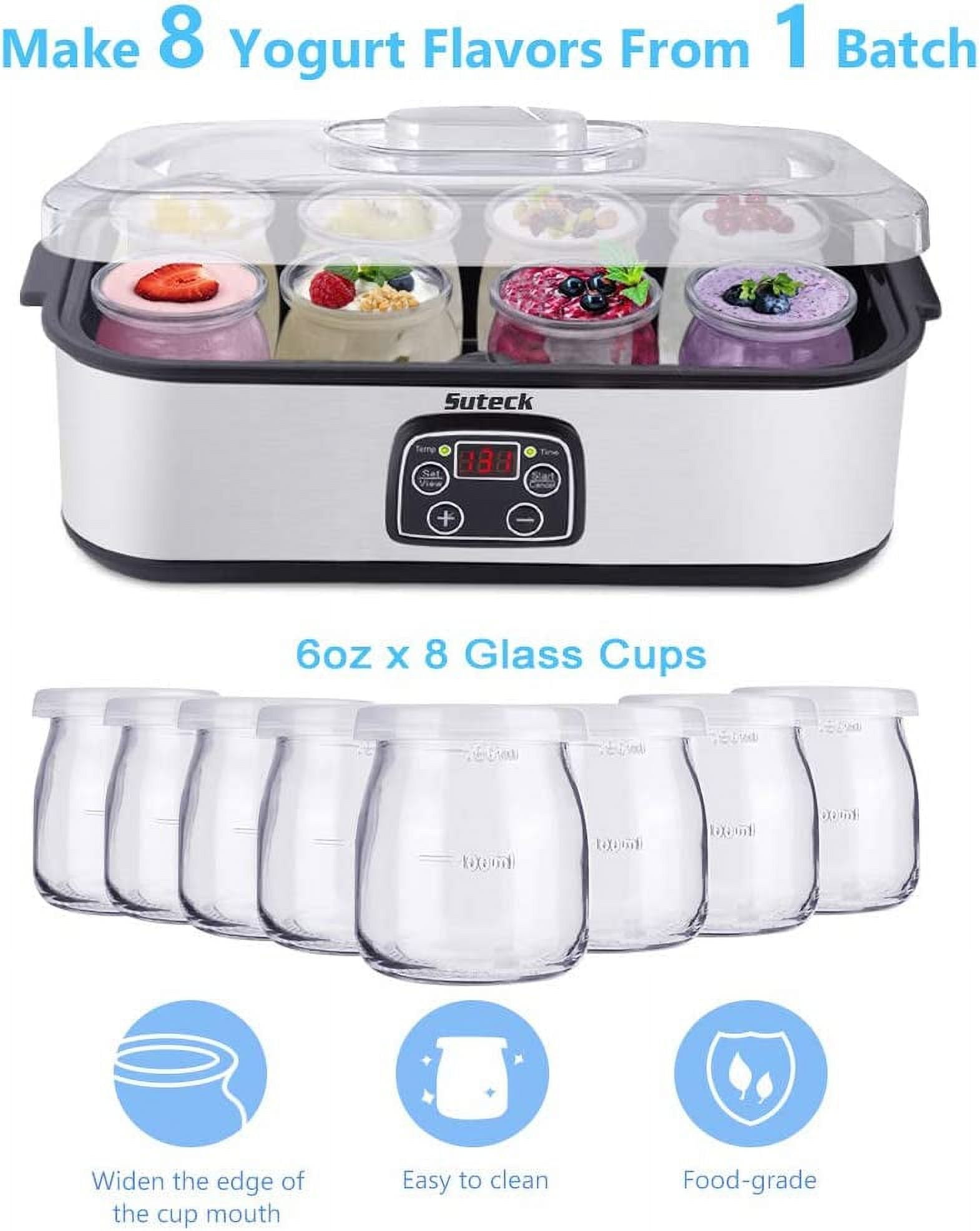 Suteck Yogurt Maker, Greek Yogurt Maker with Temperature Control & Timer,  Automatic Digital Yogurt Makers with 9 Glass Jars, 2 Spoons & Recipe