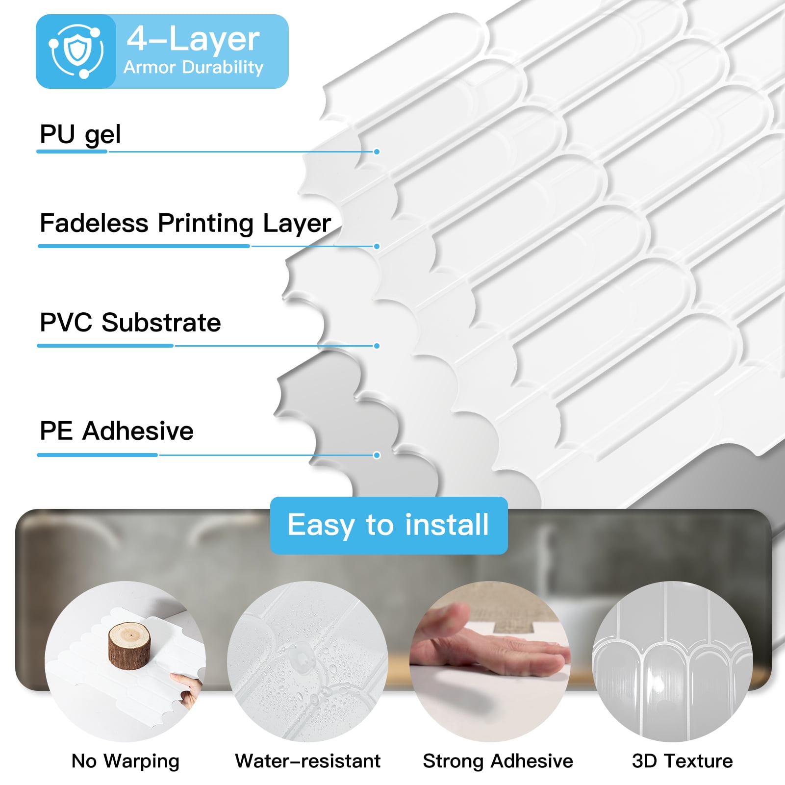 12'' x 12'' Peel and Stick Backsplash,10-Sheet Self-Adhesive Wall Tiles for Kitchen Bathroom,Thicker Design in White