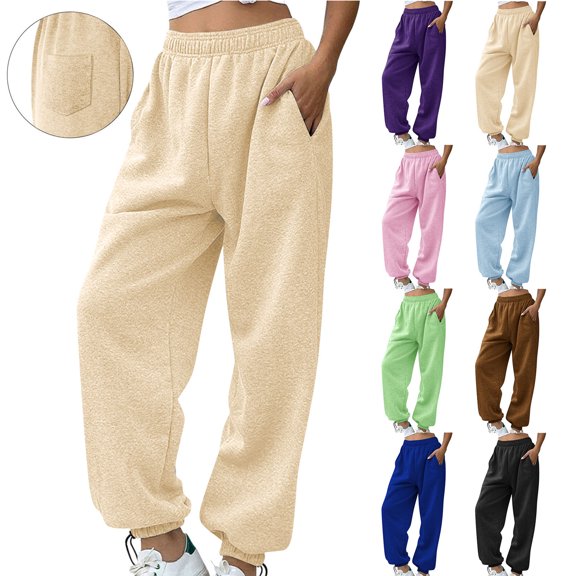 Smsaxvxz Joggers for Women Elastic Waist Sweatpants Tapered Pants Workout Athletic Running Trousers with Pockets Beige XL