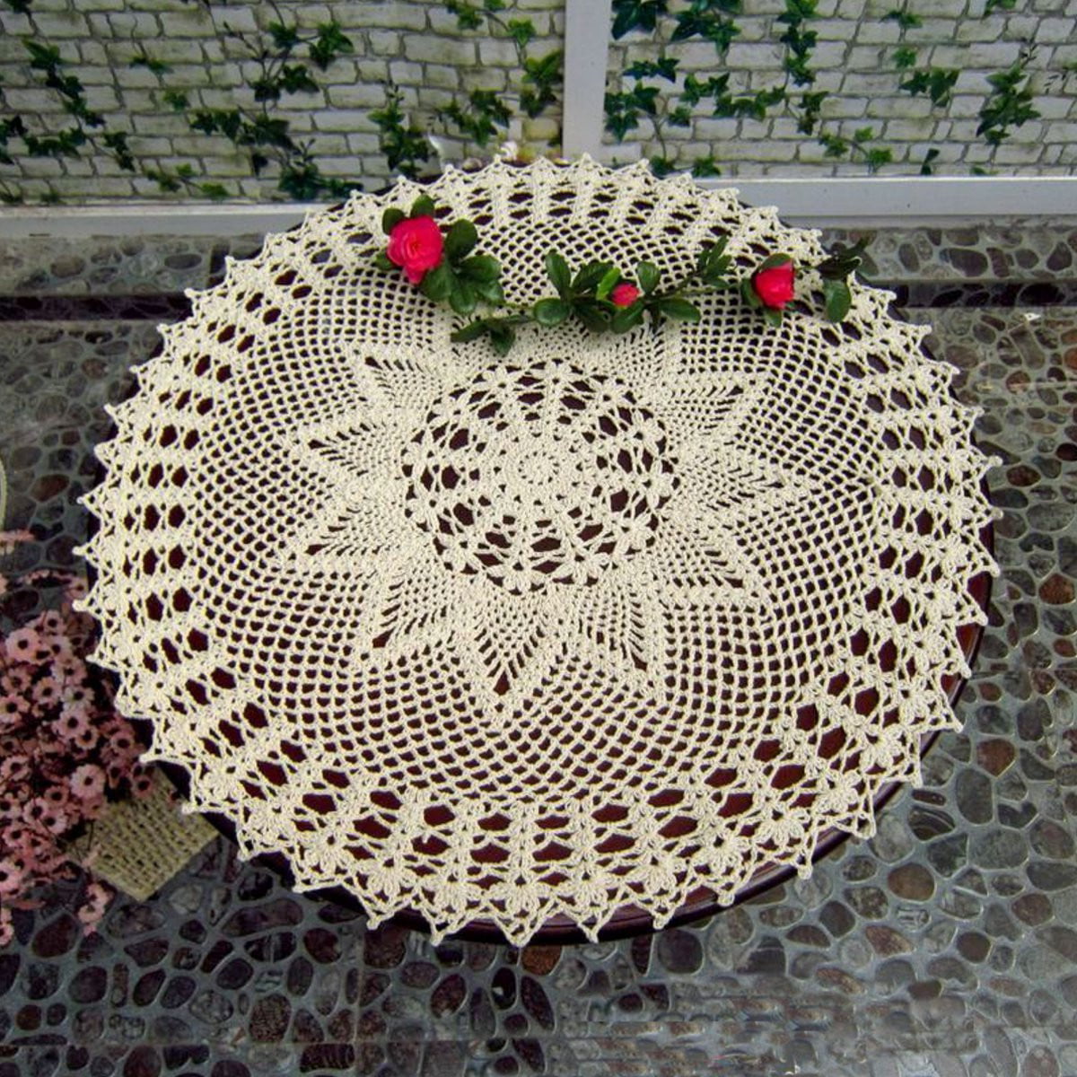 Chic Green White Flower Hand Crochet Cotton Doily 