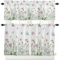Flower Green Kitchen Curtains, Blue Pink Daisy Wildflower Floral Botanical 3-Piece Kitchen Curtain Valance and Tiers Set 36 Inch Length, Rod Pocket Half Window Curtains for Cafe Living Room Bathroom