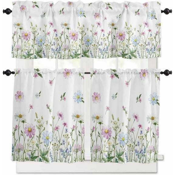 Flower Green Kitchen Curtains, Blue Pink Daisy Wildflower Floral Botanical 3-Piece Kitchen Curtain Valance and Tiers Set 36 Inch Length, Rod Pocket Half Window Curtains for Cafe Living Room Bathroom