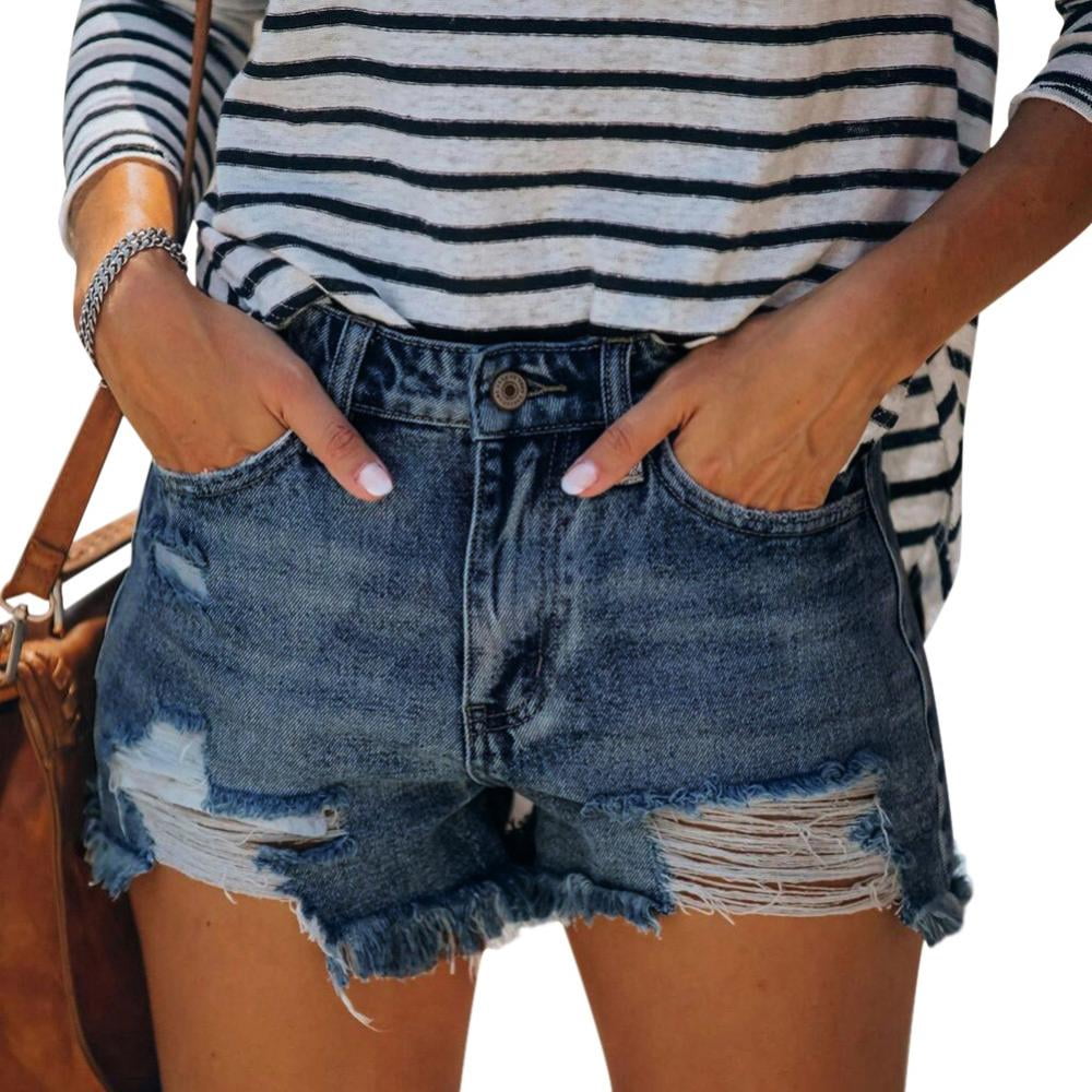 Women's Mid Rise Ripped Denim Shorts Frayed Raw Hem Casual Jeans Shorts -  Walmart.com