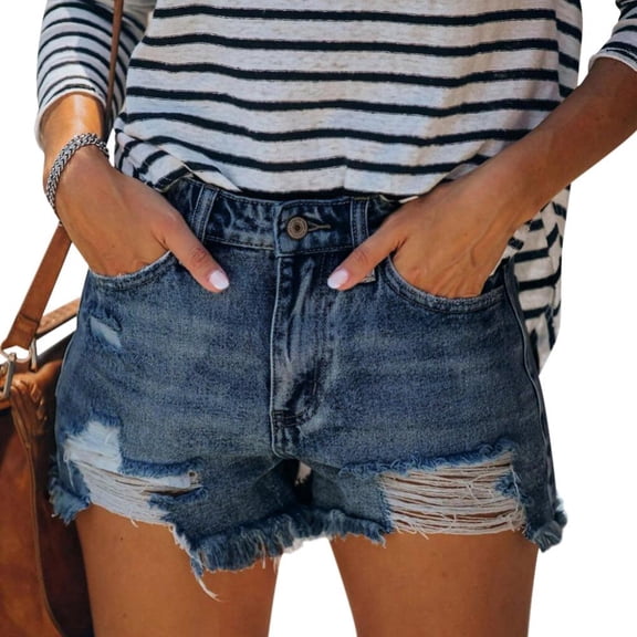 Women's Mid Rise Ripped Denim Shorts Frayed Raw Hem Casual Jeans Shorts