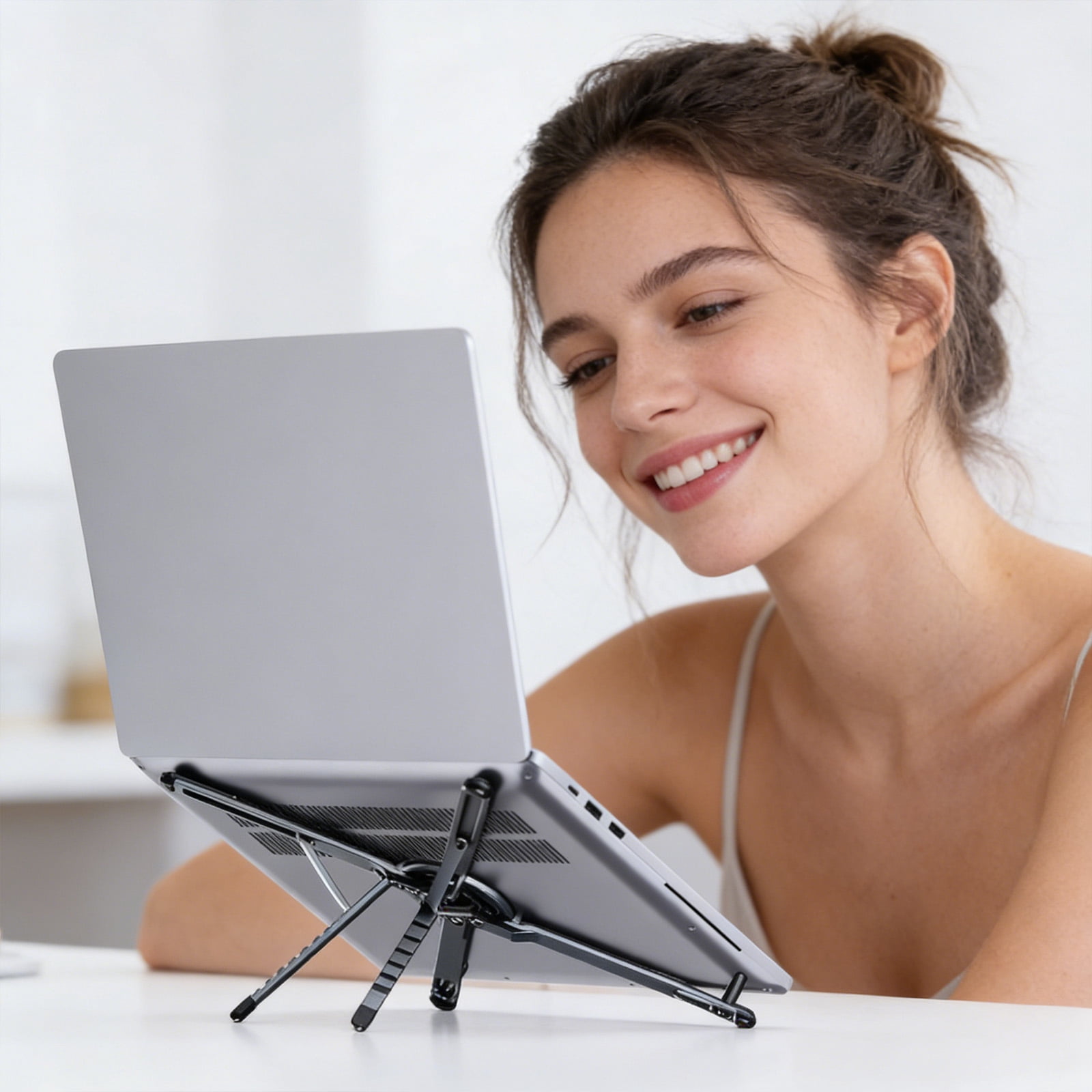 Adjustable Laptop Stand for Desk with Magnetic Phone Holder, Portable Foldable Computer Riser for Tablet Office Home Travel, Aluminum w/Storage Pouch