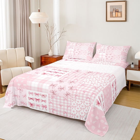 Homewish Pink Princess Bowknot Twin Sheet Sets for Girl, Kawaii Ribbon Bow Twin Fitted Sheet, Fashion Bow-tie Flat Sheet, Breathable Home Decor, 3-Piece
