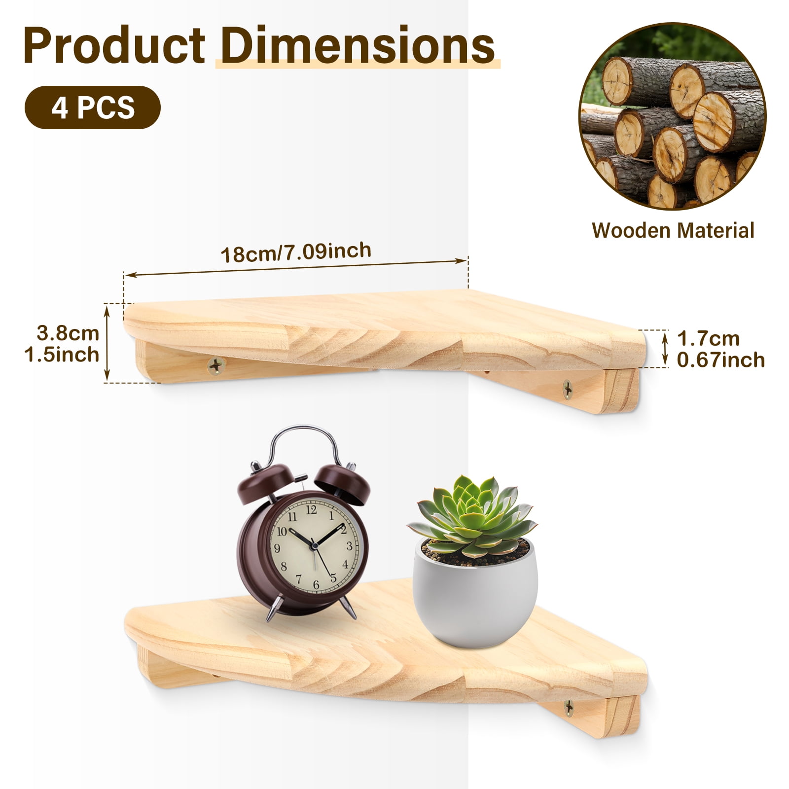 FKSZLL 4Pcs Wall Mounted Corner Shelf 18 cm Wooden Floating Storage Shelf Wall Round End Display Rack with Screw for Home Living Room Bedroom Study