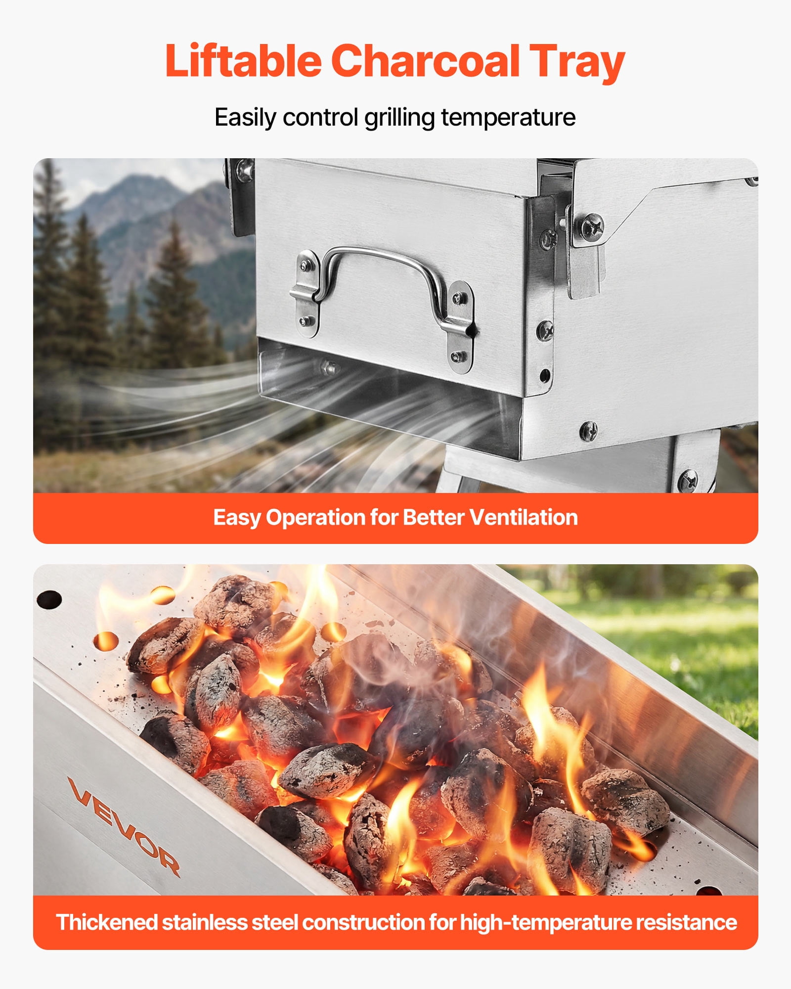 VEVOR Foldable Charcoal Grill, 250 sq.in. Portable Charcoal Barbecue Grill with Liftable Charcoal Tray & Side Tables, Brushed Stainless Steel BBQ Cooking Grills for Outdoor Camping Backyard Parties