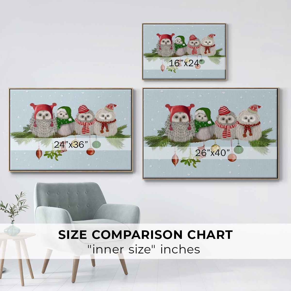 Christmas Fluffy Christmas Owls on Branch - Framed Gallery Wrapped Holiday Canvas - 17 x 25 - Natural Wood Frame