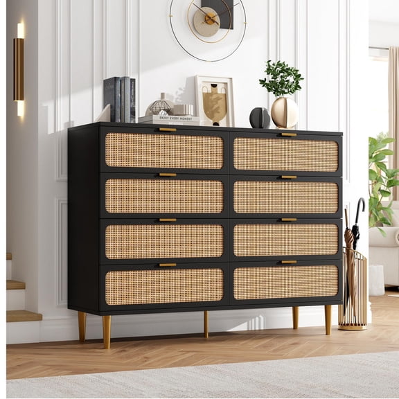 TROPOW Rattan Dresser with 8 Drawers, Tall Modern Closet with Deep Storage, Large Chest of Drawers with Wide Top, Long Wooden Dresser for Bedroom, Living Room, Hallway, Kids Room