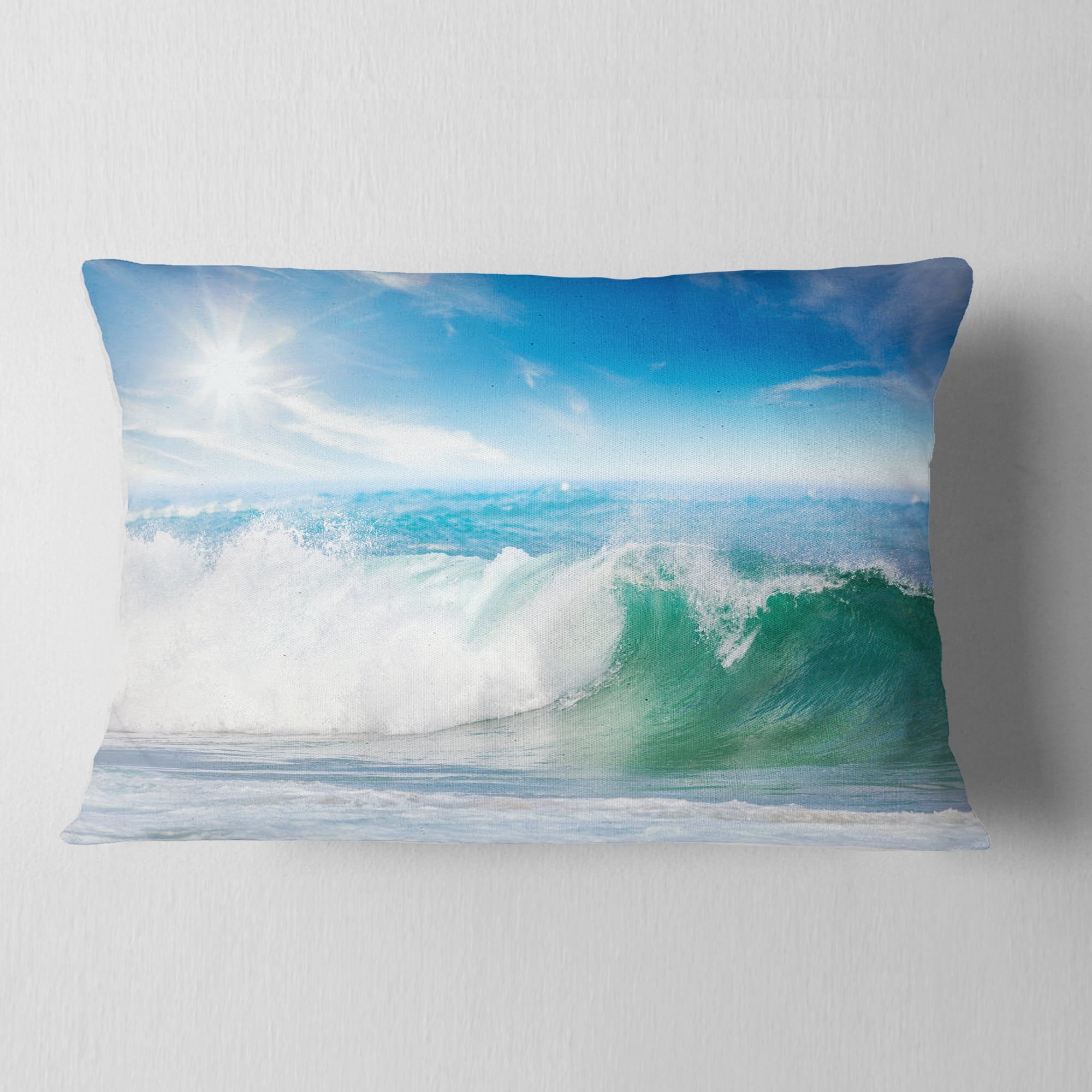 Designart White and Blue Waves under Sun - Seascape Throw Pillow - 12x20