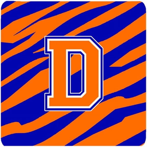 Monogram - Tiger Stripe - Blue Orange Foam Coasters Initial Letter D, Set - 4