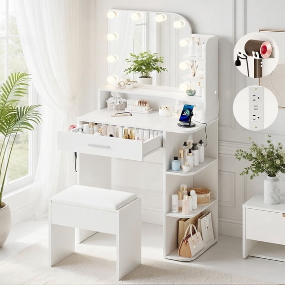 26.4" Small Makeup Vanity Set with Mirror and Lights, NEORIVER Modern Vanity Desk with Bench and Power Outlets