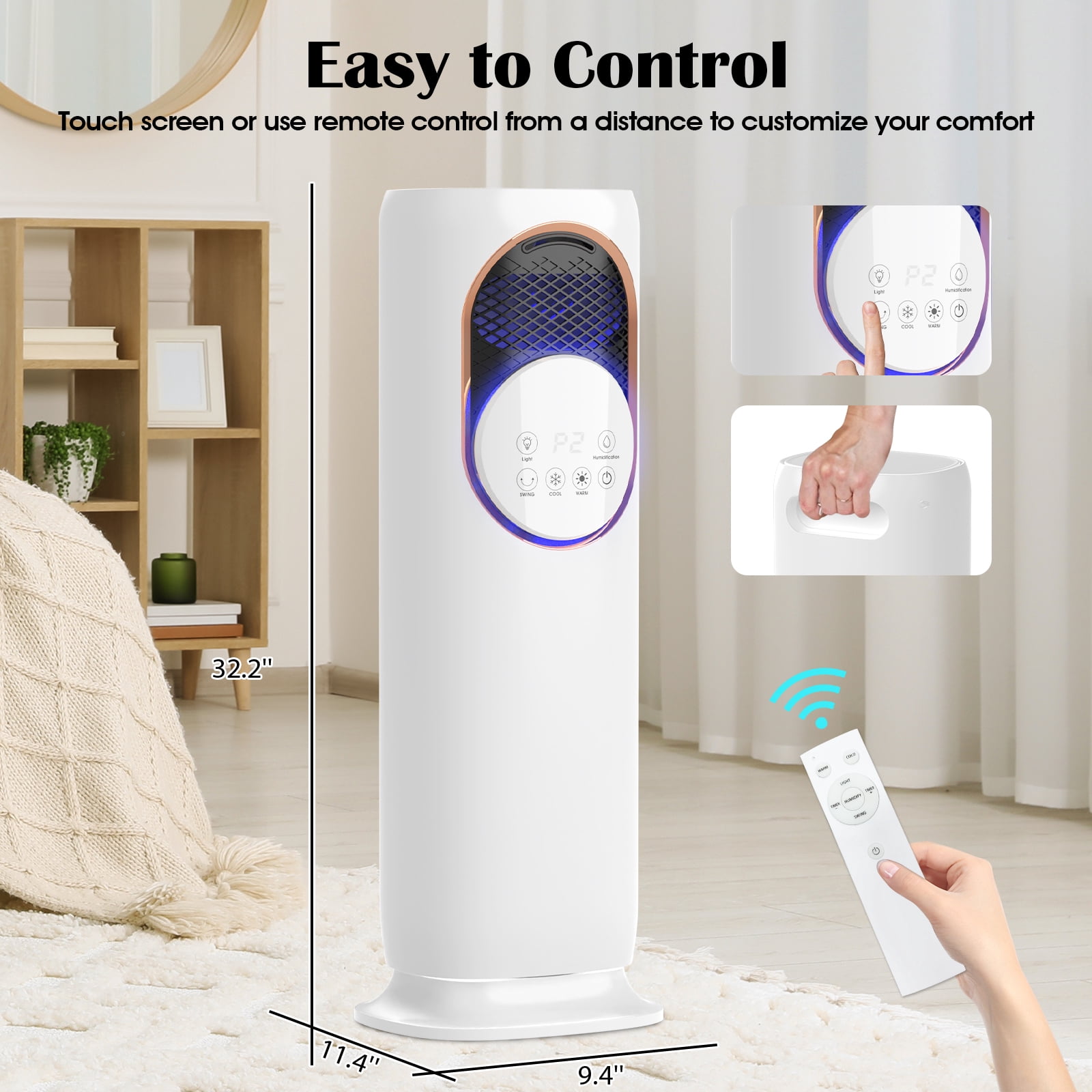 Advwin 4-in-1 Portable Air Conditioner & Space Heater Combo with Humidifier, Evaporative Cooler & Tower Fan for Home, Remote, 1 Gal Water Tank, 2 Ice Packs, Timer (White)
