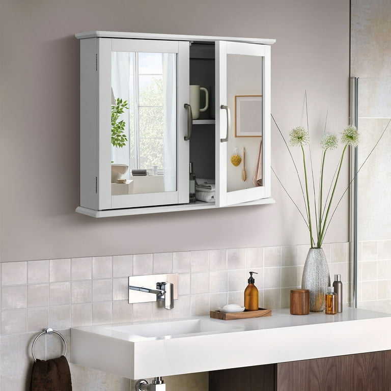 Gymax Wall-Mounted Bathroom Storage Organizer Mirrored Medicine Cabinet  with Shelf Grey 
