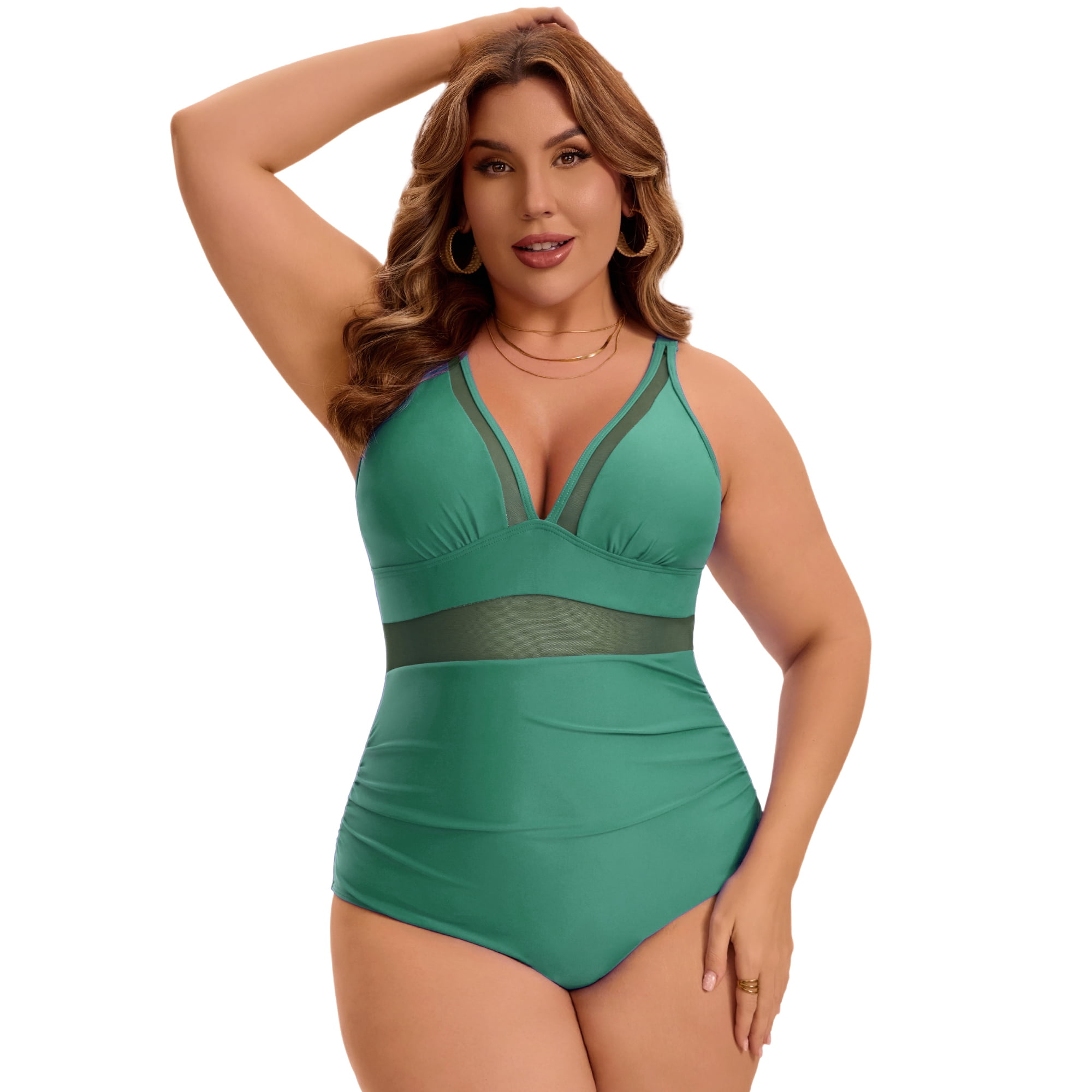 DARING DIVA Women's Plus Swimsuit Mesh V Neck Bathing Suit 4X Dark Green