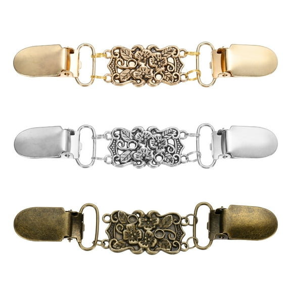 Uxcell 3Pcs Vintage Cloak Clasps, Sweater Clips Women Collar Clip for Women Clothing Sweater Shawl Scarf Cardigan accessories Retro Cinch Brooch, Silver/Gold/Bronze Tone(4.7x0.9Inch)