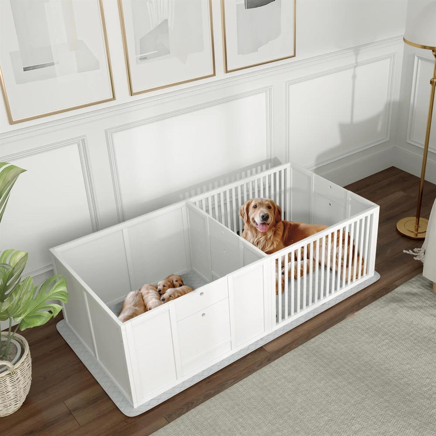 Pefilos 65" Indoors Puppies Whelping Box for Large Breed Dogs, Puppy Playpen with Waterproof Pee Pad & Adjustable Door, Waterproof & Rustproof Whelping Pen, White