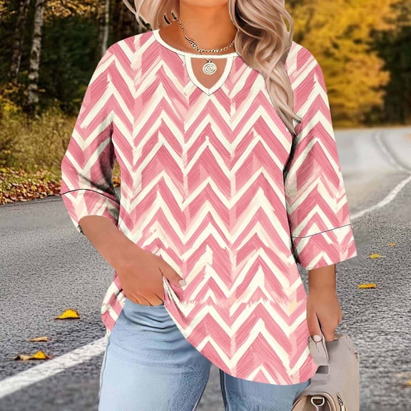 Fengqque Women's Plus Size 3/4 Sleeve Round Neck Hollow Out Tops Printing Womens Oversized Summer T Shirts Pink-A XL(XL)