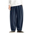 thumbnail image 2 of Men's Casual Loose Solid Color Linen Pants, Cotton Linen Wide Leg Harem Trousers Chinese Style for Bohemian Fashion and Comfort,Navy,5XL, 2 of 7