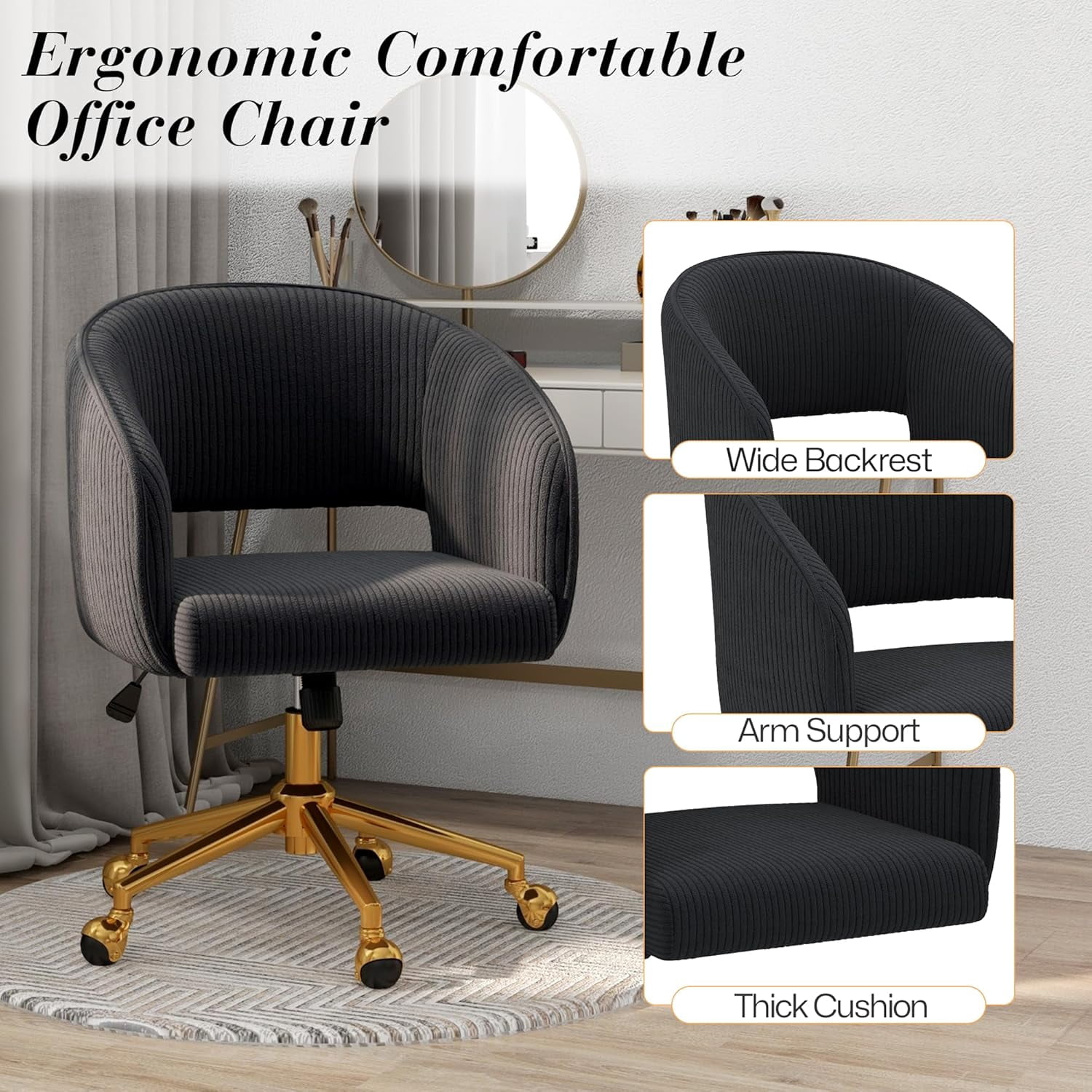 Home Office Swivel Desk Chair, Modern Corduroy Desk Chair, Height Adjustable Armchair with Gold Base, Ergonomic Office Chair for Living Room Vanity Study Computer Room, Black