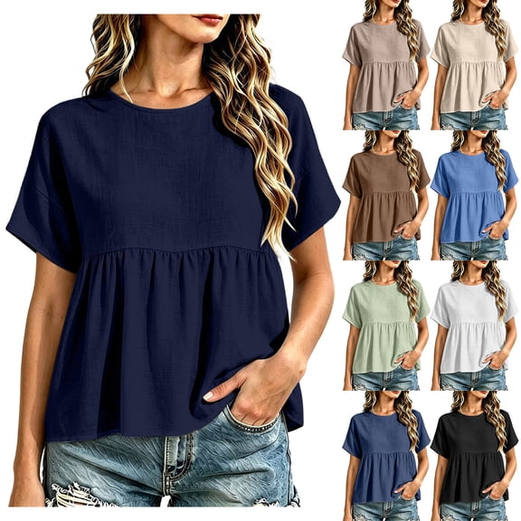 Dxzfnsa Short Sleeve Shirts for Women Casual Spring Summer Tops Ribbed Knit Striped Womens Tops Crewneck Loose Fit T Shirts S-2XL