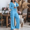 thumbnail image 2 of Qiopertar Women's Casual 2 Piece Outfit Long Sleeve Button Down Cardigan and Loose Wide Leg Cargo Pants with Pockets Tracksuit Set Lounge Travel Comfy Relaxed Oversized, Blue S, 2 of 7
