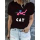 thumbnail image 1 of Camiseta informal de cuello redondo para mujer, de algodón, tejido de punto de elasticidad media, con estampado de animales y gráfico de gato rosa, ideal para cualquier temporada., 1 of 5