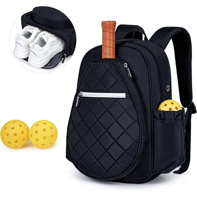 Pickleball Backpack, Quilted Paddle Bag with Shoe Compartment & Waterproof Pocket - Holds 2-4 Paddles for Players
