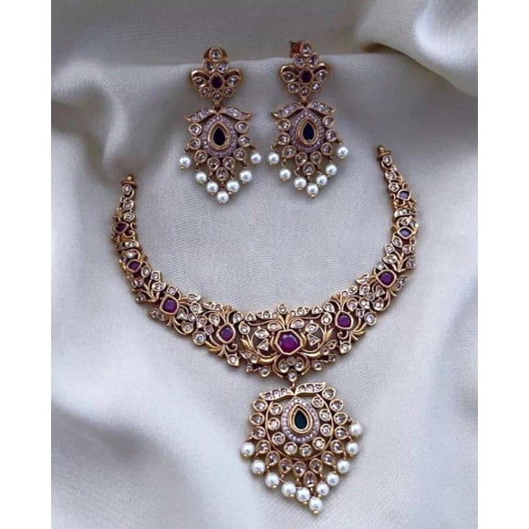 Peacock Matte Gold Finish Haram Necklace & Jhumka Earrings Set – AD Ruby Green Kemp Stones South Indian Bridal Jewelry