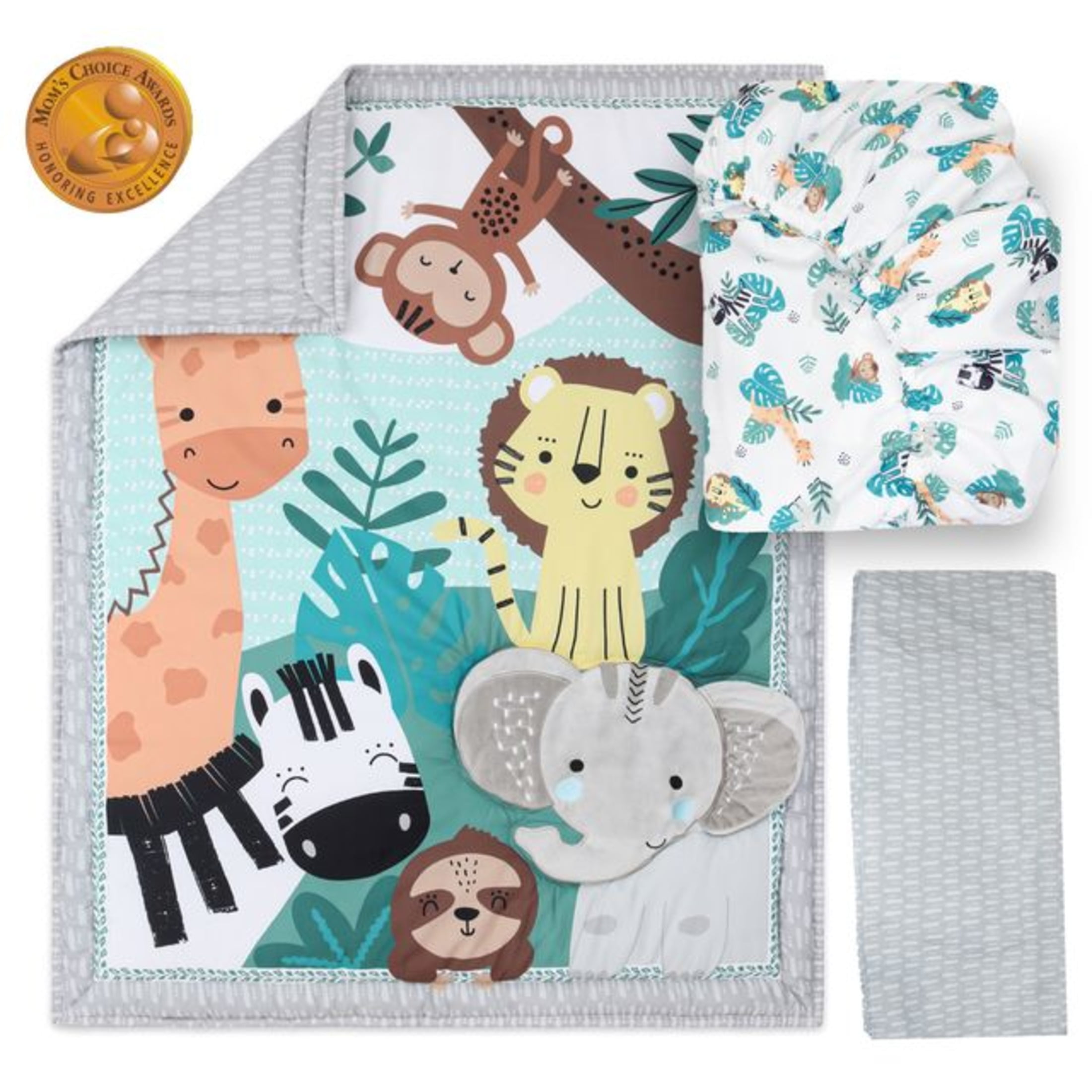 The Peanutshell Green and Grey Safari Adventures Crib Bedding Set for Baby Boys or Baby Girls, 3 Piece Nursery Set