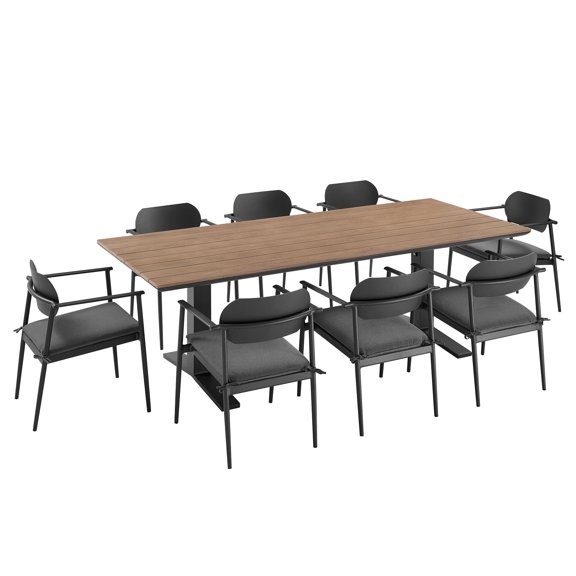 9 pcs Dining Side Chair and Table Set, Dark Gray, Aluminum, Outdoor Patio Balcony Cafe Bistro Garden Hospitality Restaurant, Modern Contemporary, HB37705