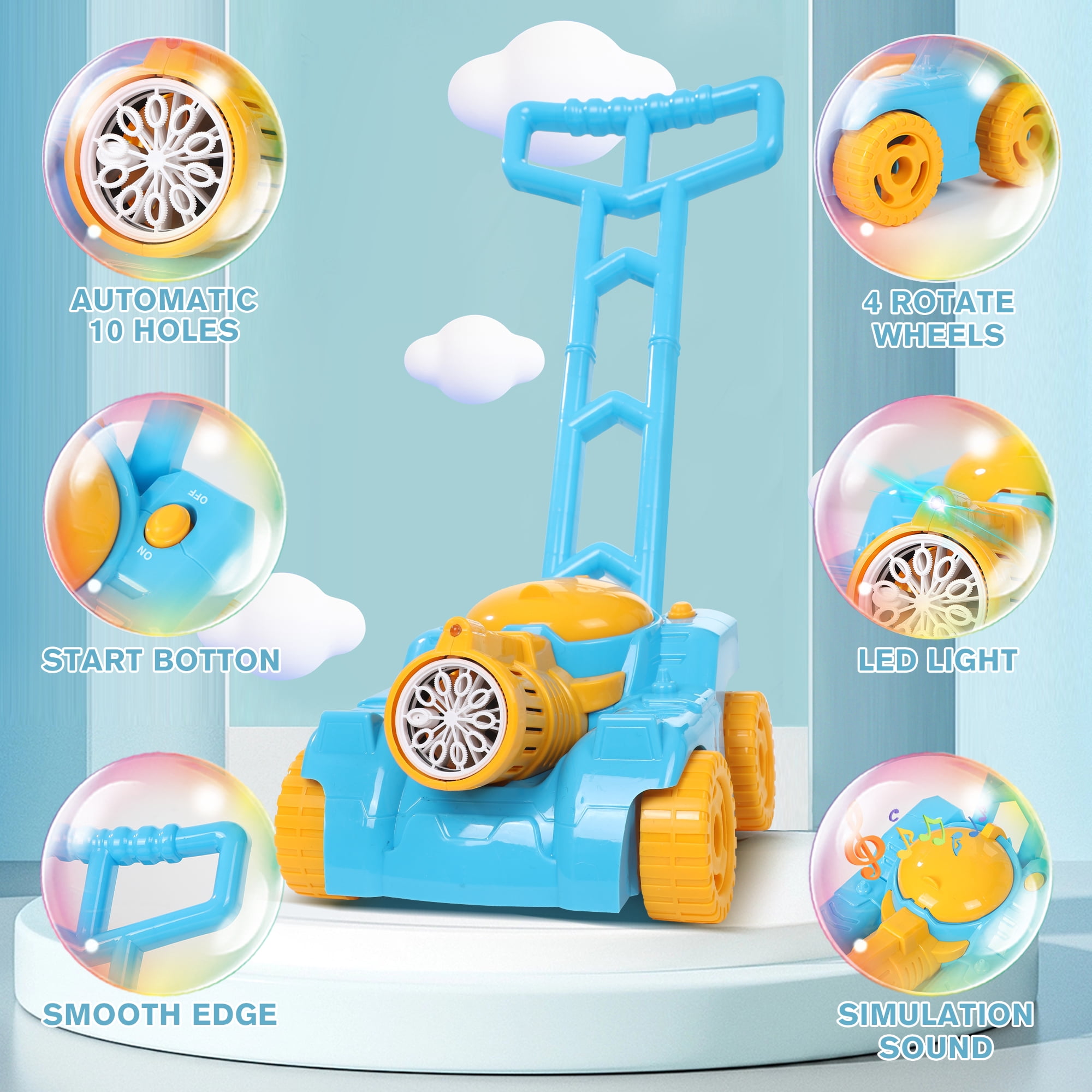 Wisairt Bubble Lawn Mower, Bubble Machine for Toddlers Kids, Outdoor Push Toy Gift for Preschool Boy Girl 3+, Blue & Yellow