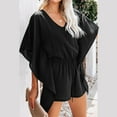 thumbnail image 5 of ABATAB Rompers for Women Summer V Neck Front Drawstring Jumpsuits Pure Color Baggy Wide Leg Flowy Trendy Rompers, 5 of 6