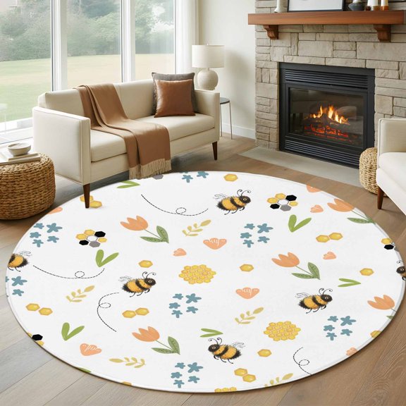 Round Area Rugs Collection 5 Ft, Flowers Bees Non-Slip Residential Carpet, Spring Cartoon Botanical Tulip Flowers Leaves Indoor Crawling Mats Runner Rugs for Living Room/Dining Room/Bedroom