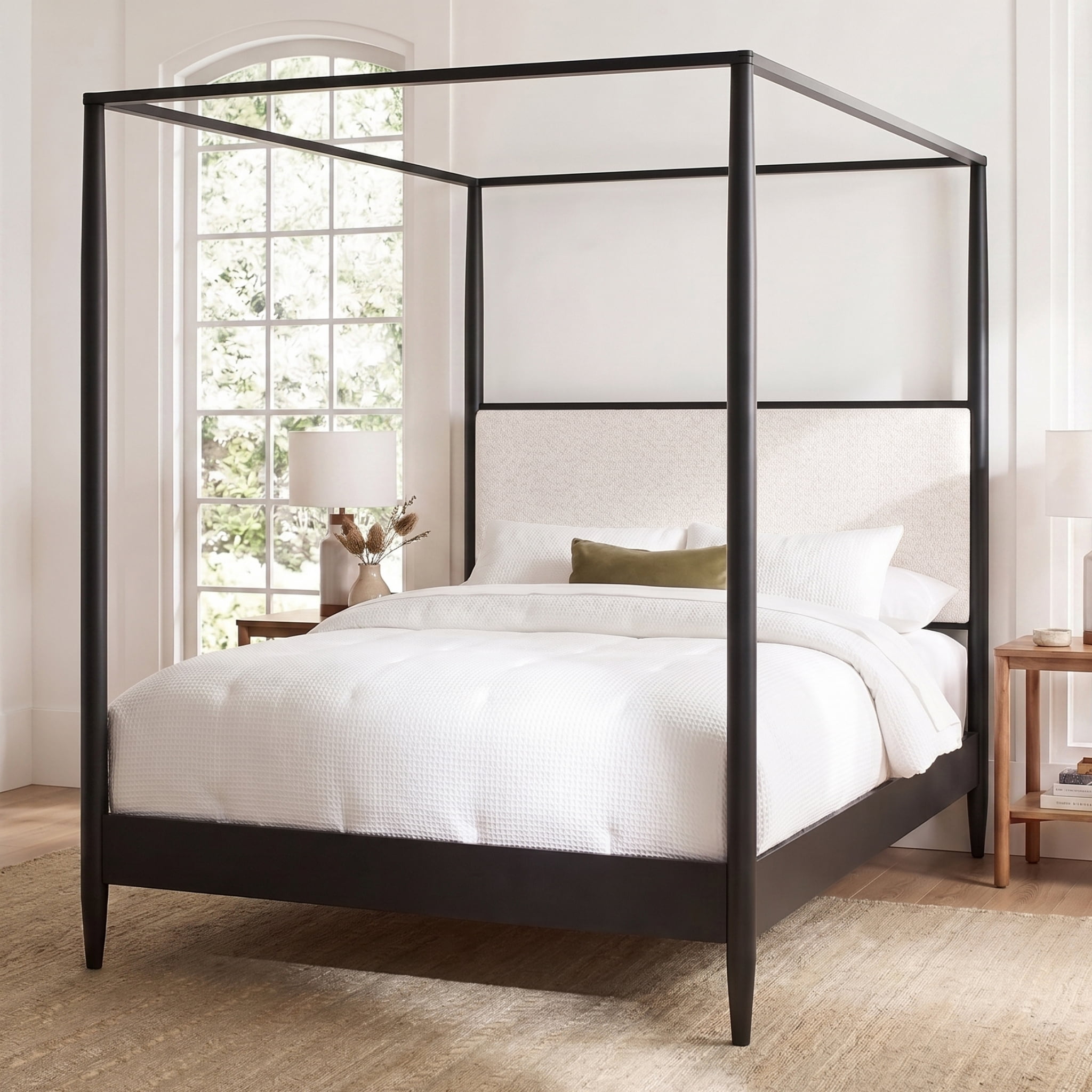 Euroco Modern Wood Queen Size Canopy Bed, Mid-Century 4-Poster Platform Bed with Boucle Upholstered Headboard and Tapered Legs, No Box Spring Needed, Black