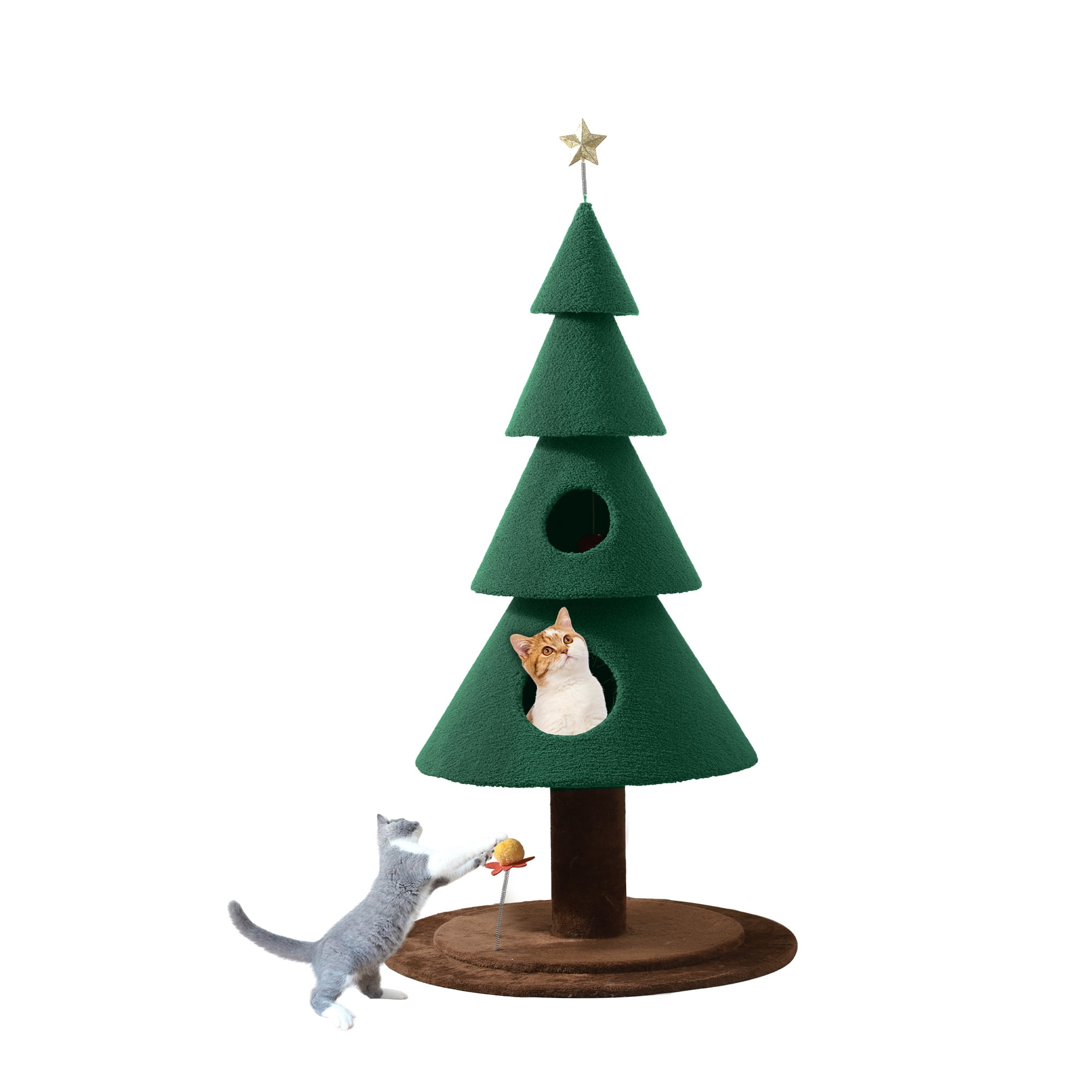 Dextrus 60in Large Christmas cat Tree, Indoor Cat Tower with 2 Condos & Flower Shaped Cat Teasing Stick ,Green