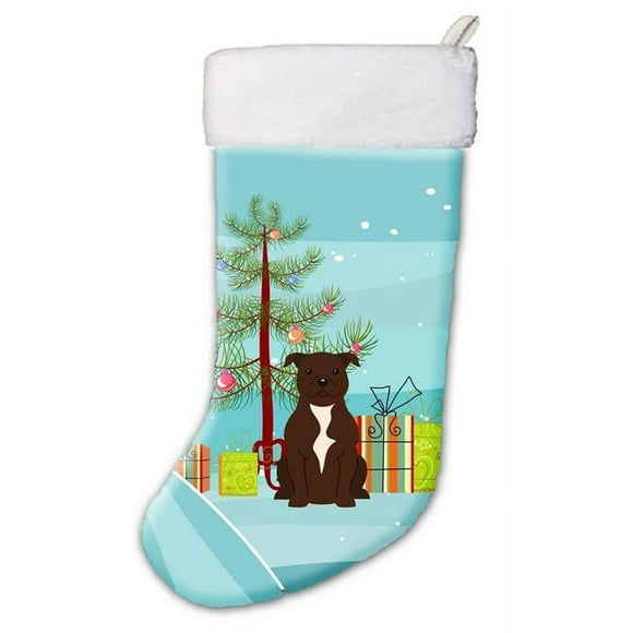Carolines Treasures BB4173CS Merry Christmas Tree Staffordshire Bull Terrier Chocolate Christmas Stocking